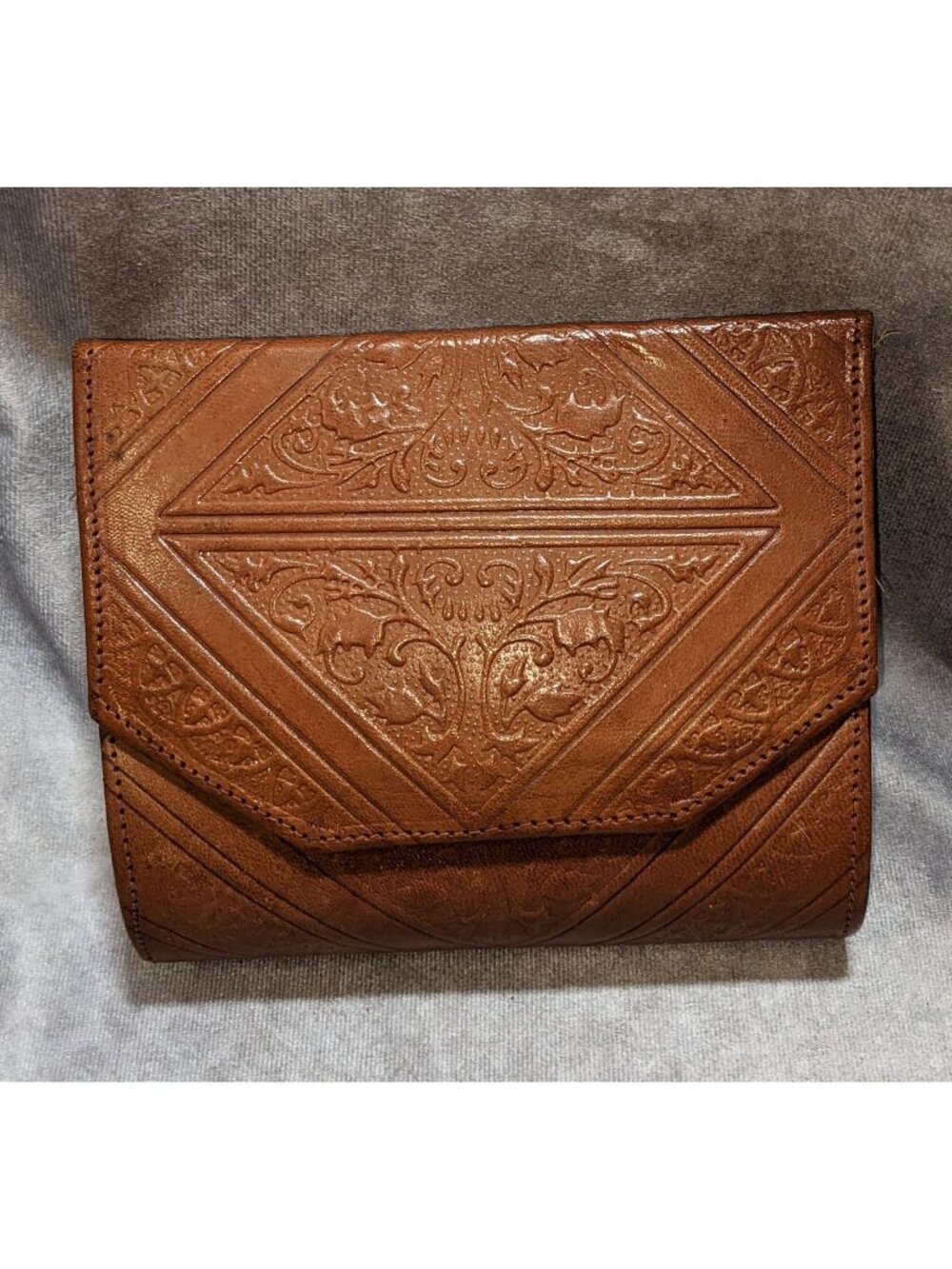 Vintage Moroccan Magic Hand-Tooled Leather Crossbody Bag With Mirror & Snap Clos